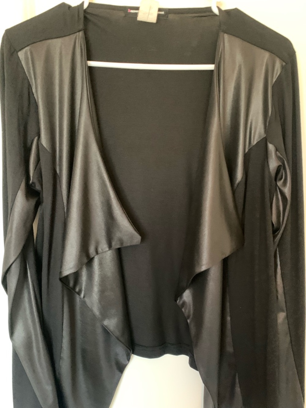 happening in the present Black Draped Open-Front Cardigan with Faux-Leather Trim